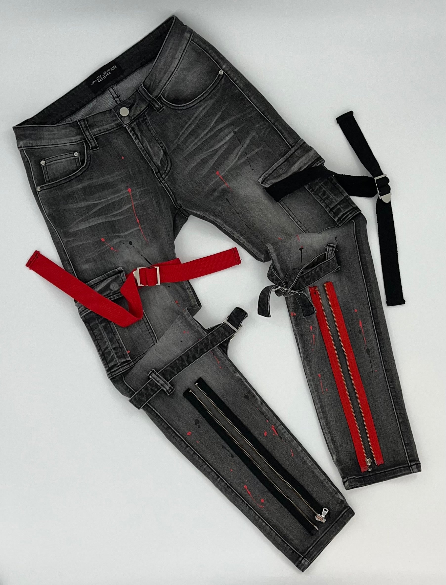 JJR RED BLACK STRAP JEANS - Janice Jeanice Resisted | God Led Passionate Clothing Designs